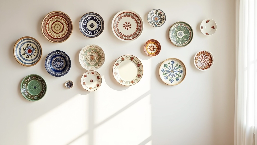 Parete di soggiorno con collezione di piatti ceramici italiani tradizionali di diverse regioni, disposizioni simmetriche su sfondo grigio chiaro