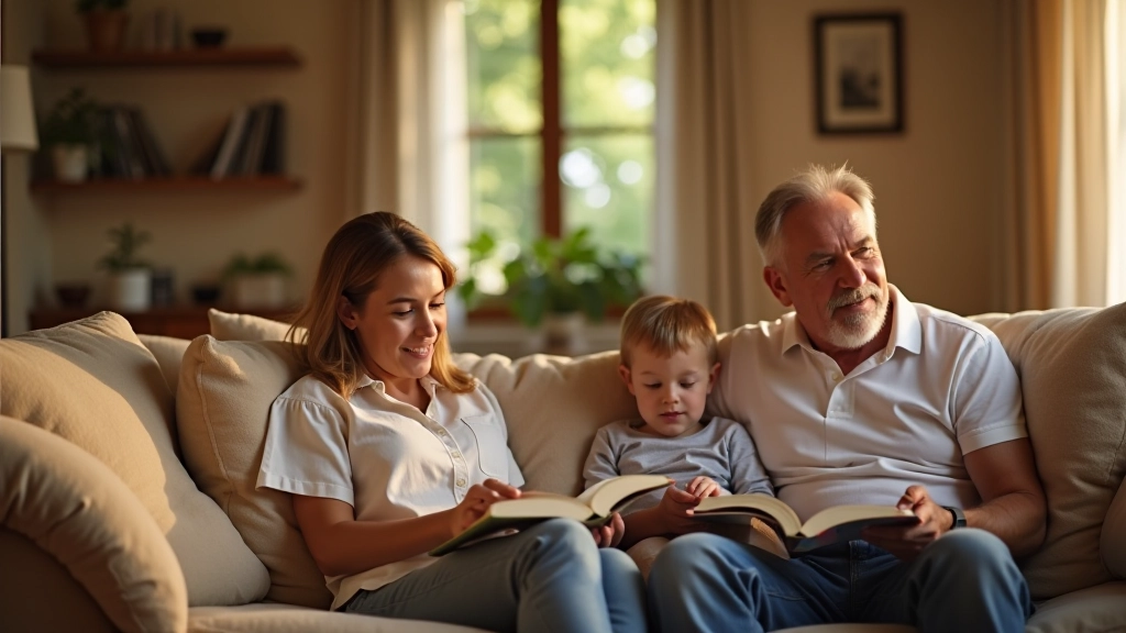 Famiglia che passa tempo nel soggiorno italiano con angolo lettura confortevole e spazi per diverse attività