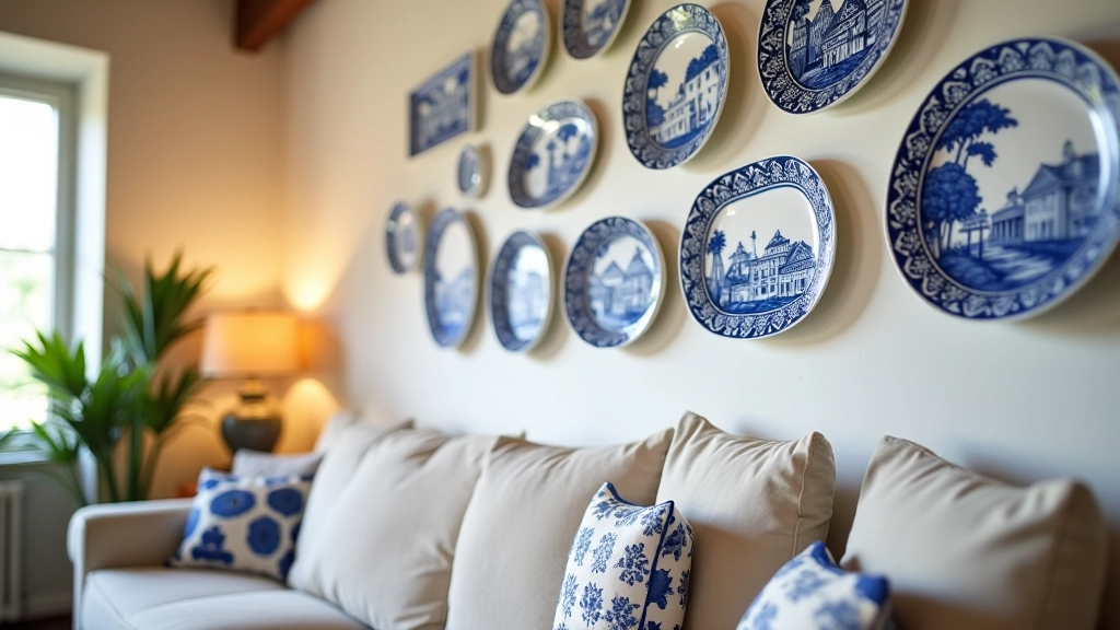 Dettagli di ceramiche italiane tradizionali dipinte a mano esposte su una parete di soggiorno elegante