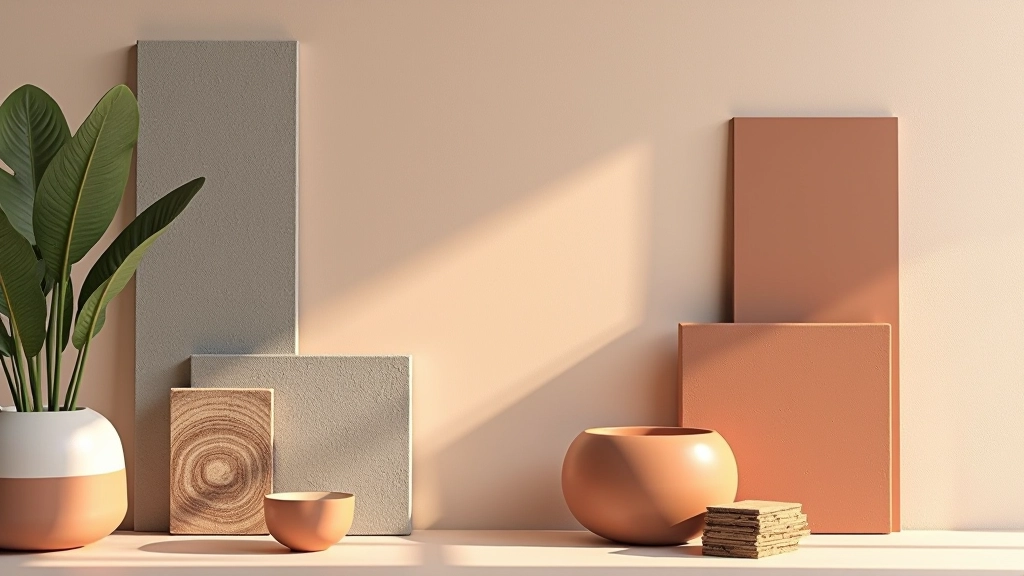 Palette di colori per soggiorno italiano con tonalità grigio, ocra e terracotta, campioni di tessuti naturali e ceramiche