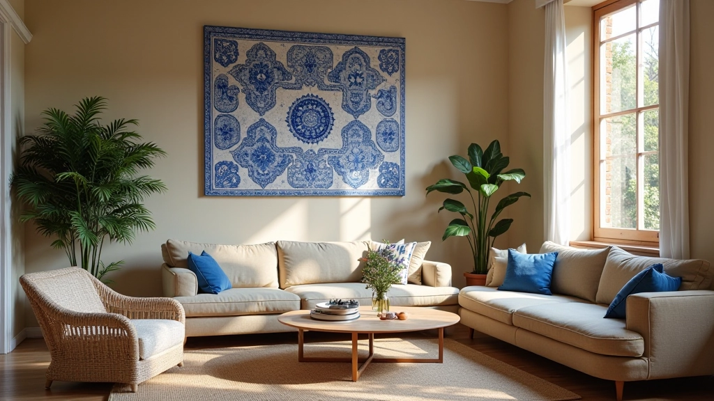 Dettaglio di un soggiorno italiano con ceramiche blu tradizionali, tessuti naturali, e luce soffusa da finestre