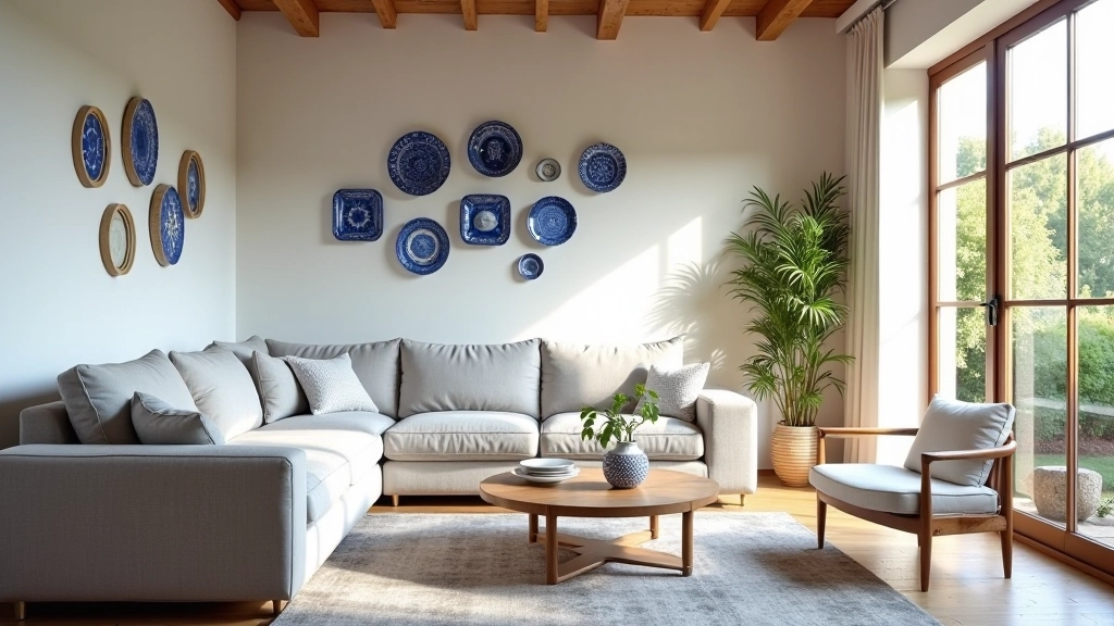 Soggiorno italiano con divani grigi e ceramiche blu sulle pareti, finestre ampie che permettono luce naturale