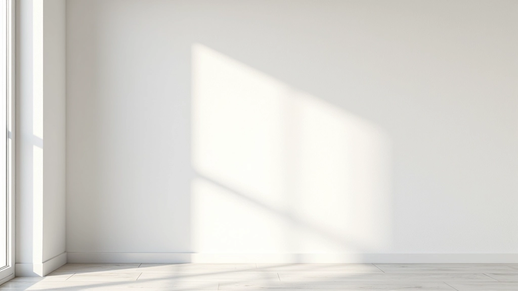 Parete dipinta in bianco puro con texture leggera, luce naturale che rimbalza e illumina uniformemente la superficie