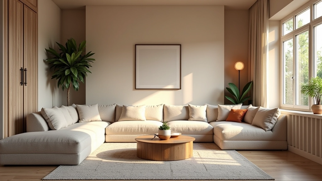 Soggiorno moderno italiano con diverse zone funzionali, divano neutro, ceramiche decorative e luce naturale che illumina lo spazio