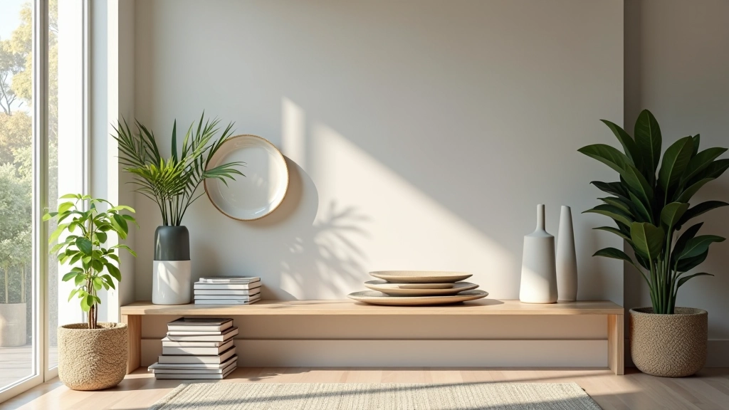 Soggiorno moderno con ceramiche italiane disposte su mensola flottante, accanto a piante verdi e libri, illuminazione naturale da finestra