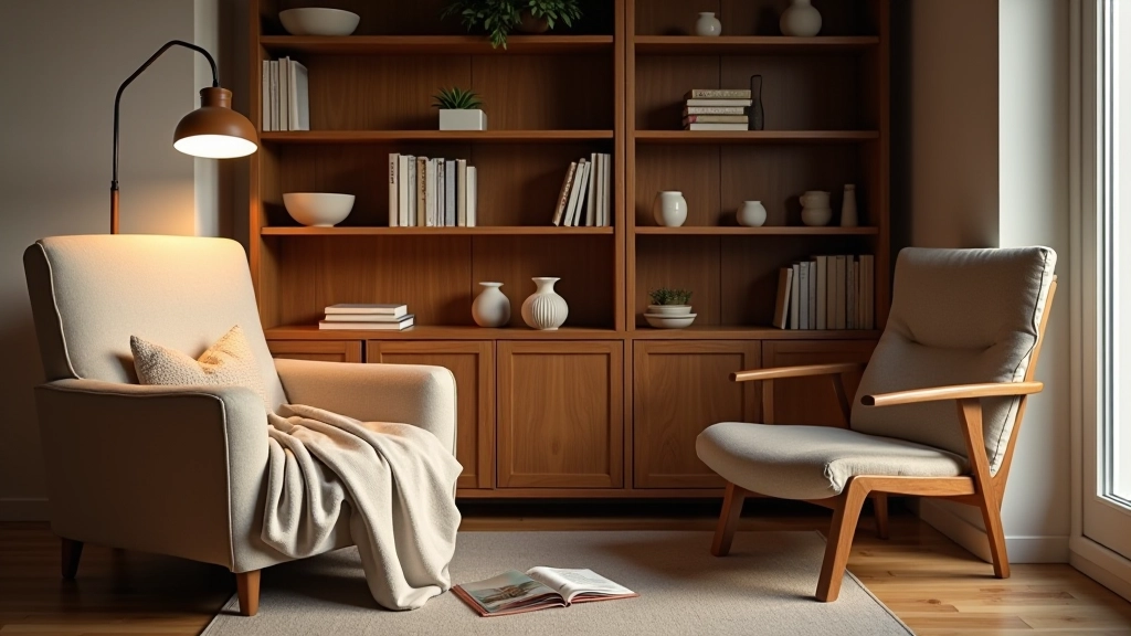 Dettaglio di zona lettura con libreria in legno naturale, poltrona confortevole, lampada da lettura e ceramiche decorative