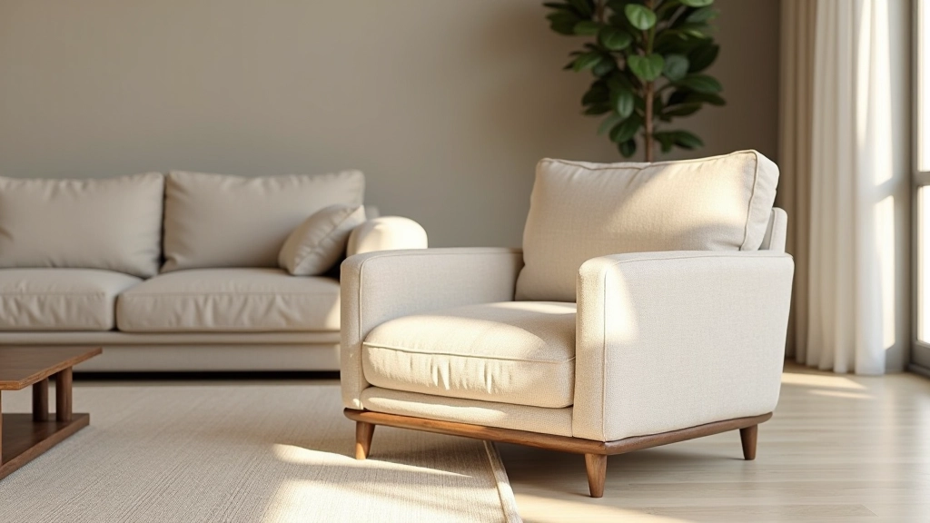 Poltrona singola in tessuto naturale beige posizionata accanto a divano grigio, con cuscini coordinati, spazio conversazionale